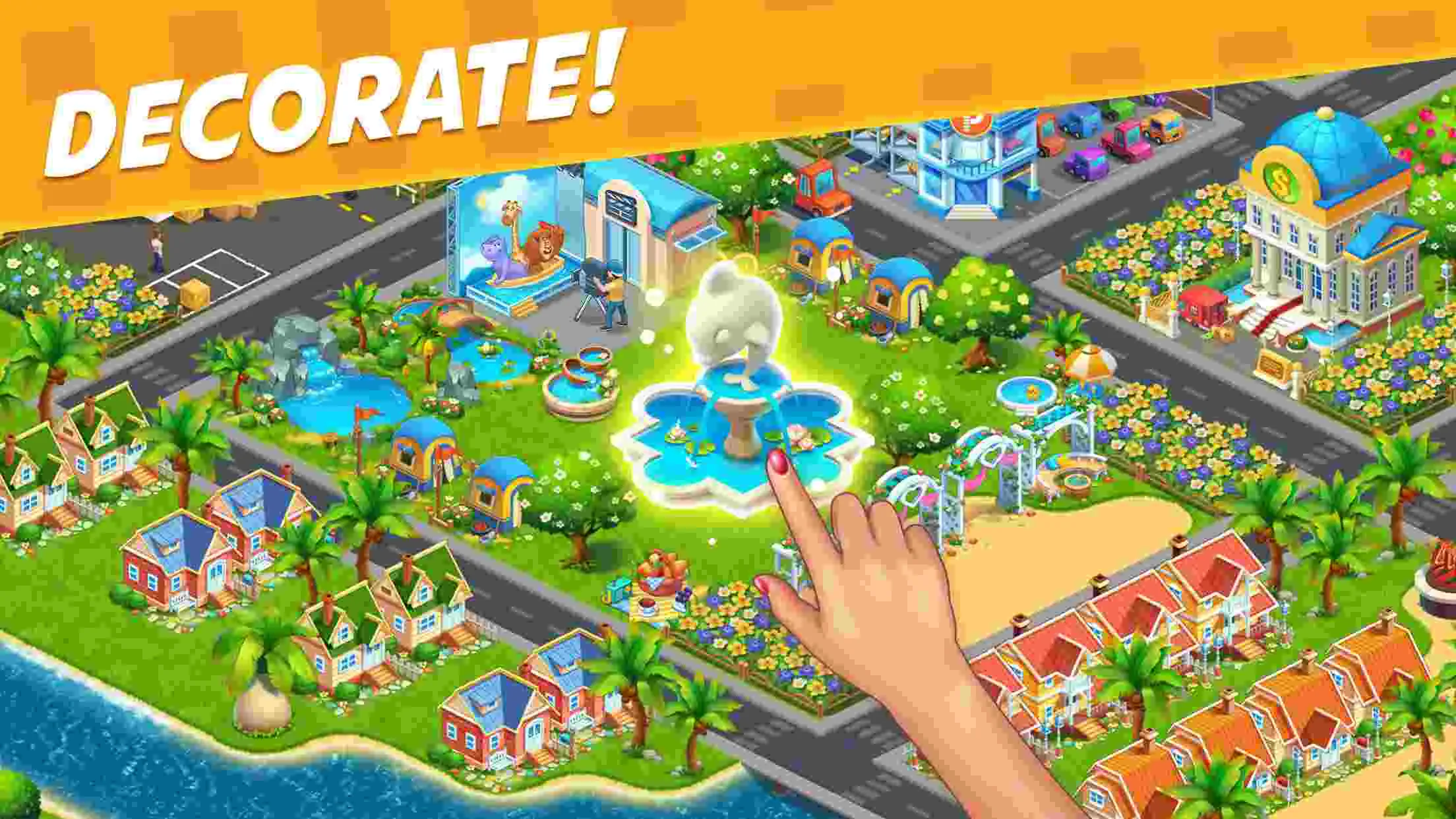 Ảnh 4 của Tải game Farm City Mod APK 2.9.73 (Vô hạn tiền) Người dân thị trấn Farm City đang trò chuyện bên khu chợ
