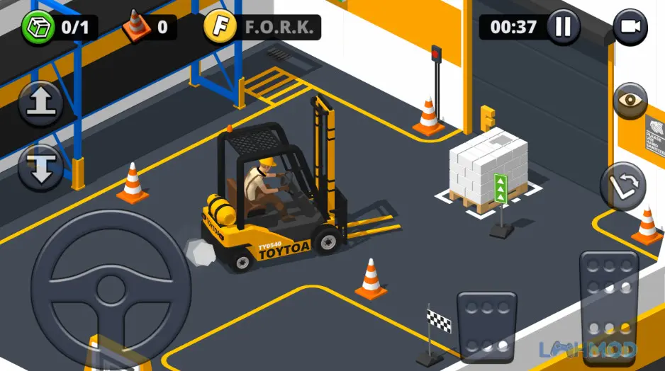 Ảnh 4 của Tải Forklift Extreme Simulator Mod Apk v3.0.1 (Vô Hạn Tiền) cho Android iOs Xe nâng đang di chuyển một pallet hàng trong nhà kho rộng lớn