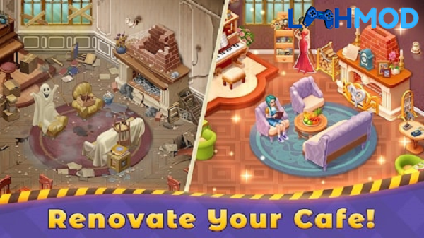 Ảnh 3 của Tải trò chơi Grand Cafe Story MOD APK 2.0.45 (Miễn phí mua sắm) cho Android iOS Giao diện giải đố "match 3" với các vật phẩm đặc biệt trong Grand Cafe Story