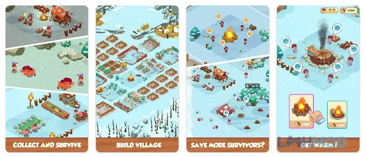 Ảnh 1 của Tải Icy Village Tycoon Survival Mod Apk 1.6.3 (Vô Hạn Tài Nguyên/Kim cương) cho Android iOs Alt text mô tả một ngôi làng nhỏ đang được xây dựng giữa khung cảnh tuyết trắng
