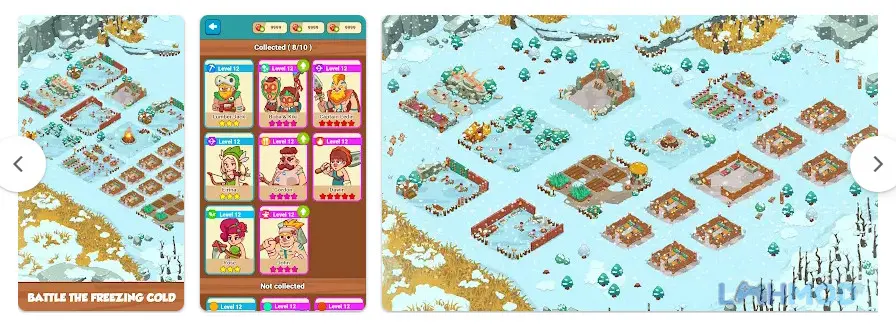 Ảnh 2 của Tải Icy Village Tycoon Survival Mod Apk 1.6.3 (Vô Hạn Tài Nguyên/Kim cương) cho Android iOs Alt text mô tả một ngôi làng băng giá với các công trình gỗ và dân làng đang di chuyển