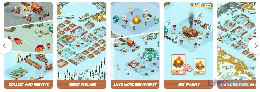 Ảnh 3 của Tải Icy Village Tycoon Survival Mod Apk 1.6.3 (Vô Hạn Tài Nguyên/Kim cương) cho Android iOs Alt text mô tả cảnh dân làng đang tập trung bên một công trình lớn đang xây dựng trong thời tiết tuyết