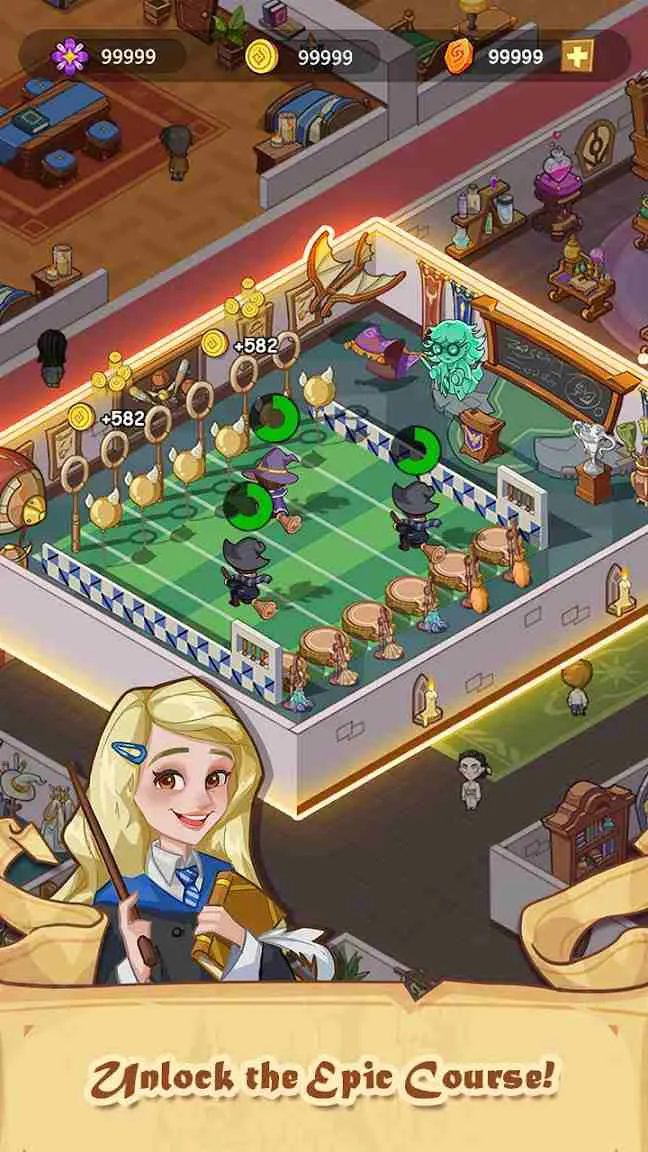 Ảnh 2 của Tải game Idle Magic School Mod APK 2.4.0 (Vô Hạn Magic Stones) Giao diện quản lý trường học phép thuật trong Idle Magic School Mod