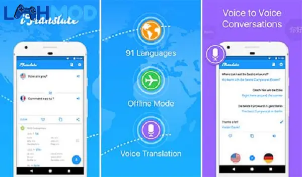 Ảnh 3 của iTranslate MOD APK 5.7.6 (Mở khóa trả phí) Android Tính năng dịch giọng nói của iTranslate đang hiển thị bản dịch