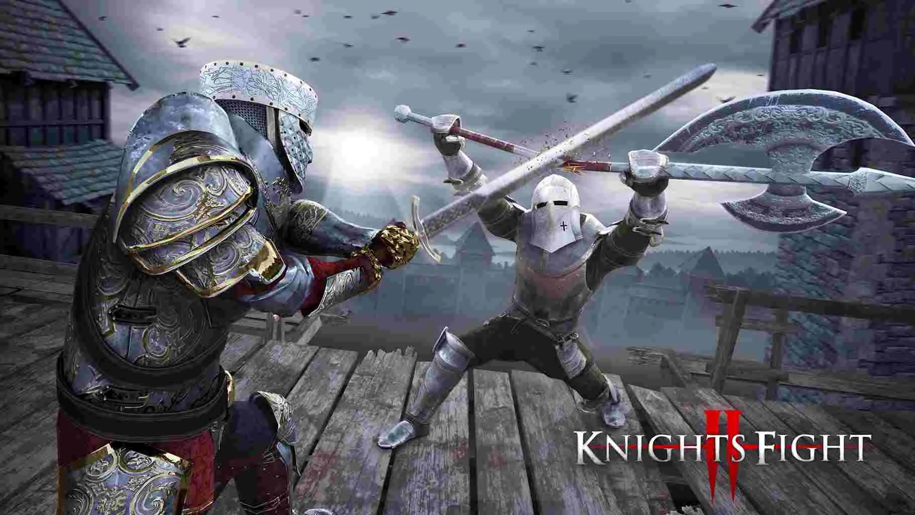 Ảnh 2 của Tải Knights Fight 2 Mod APK 1.7.1 (Sát thương, Bot ngu ngốc) Alt text mô tả cận cảnh một trận đấu đang diễn ra giữa hai đấu sĩ trong game