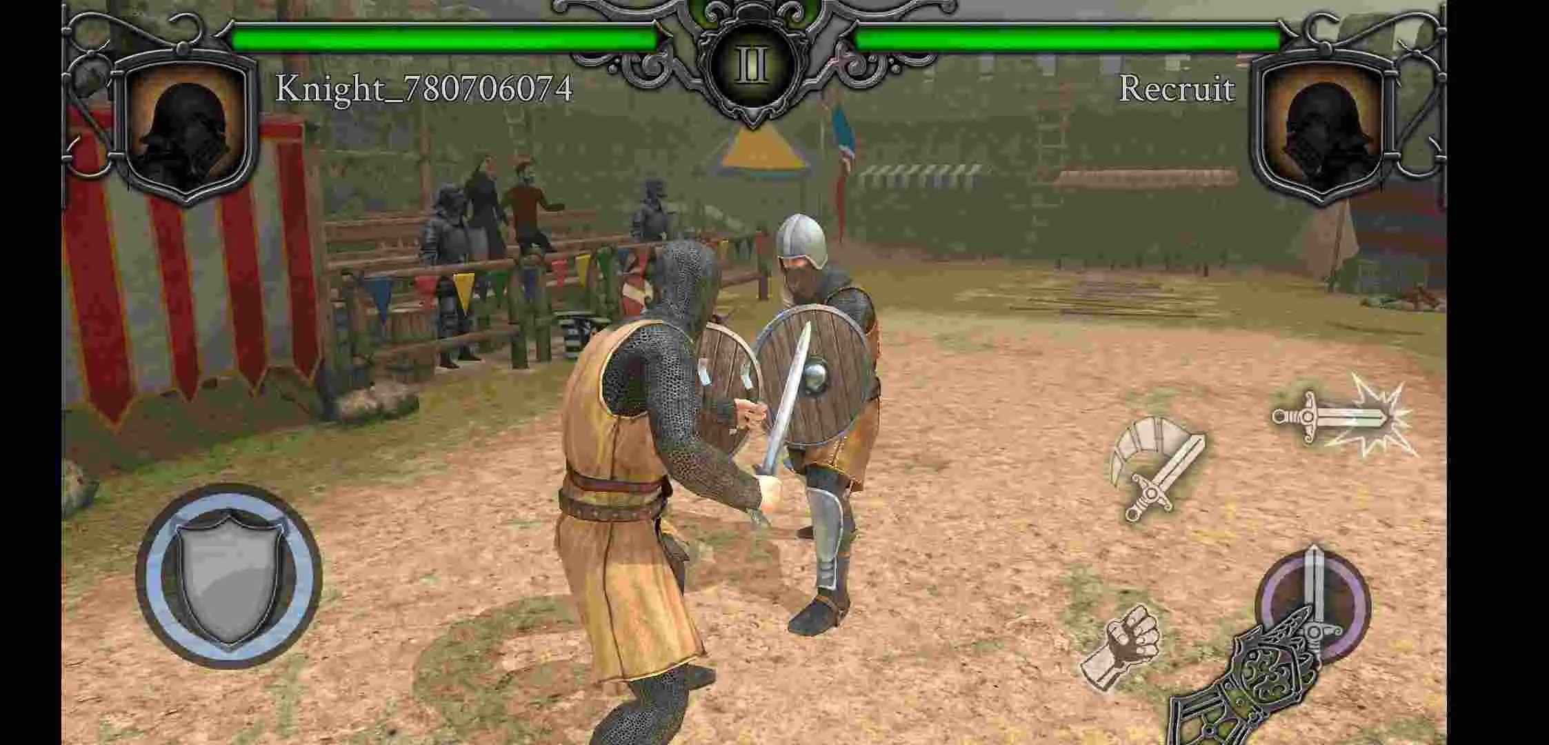 Ảnh 3 của Tải Knights Fight 2 Mod APK 1.7.1 (Sát thương, Bot ngu ngốc) Alt text mô tả giao diện lựa chọn trang bị và vũ khí đa dạng