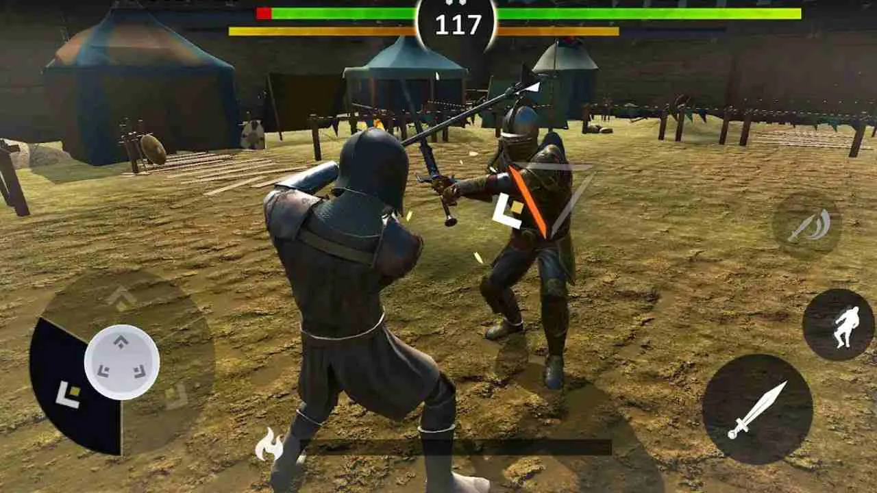 Ảnh 5 của Tải Knights Fight 2 Mod APK 1.7.1 (Sát thương, Bot ngu ngốc) Alt text mô tả cảnh một đấu sĩ với vũ khí và trang bị chiến đấu