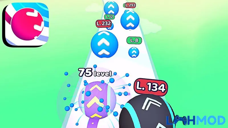Ảnh 3 của Tải Level Up Balls! Apk v2.18 cho Android Hình ảnh một quả bóng màu đỏ với các chướng ngại vật trên đường đua