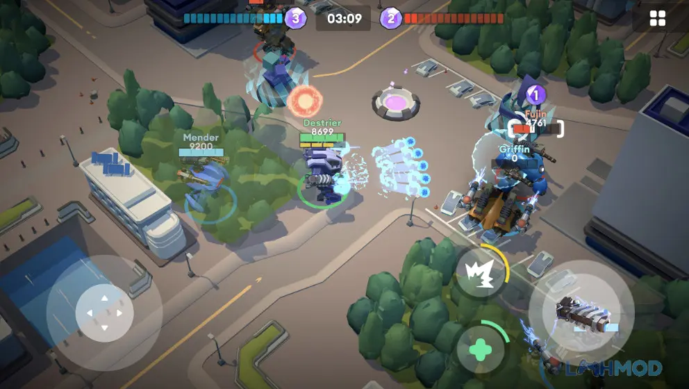 Ảnh 1 của Little Big Robots Mod Apk v2.0.3 (God Mode, Dumb Enemy) Cận cảnh một cỗ máy robot trong trận chiến