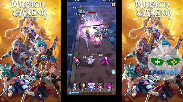 Ảnh 1 của Tải Magica Arena APK 1.0.5.0 Android iOS Giao diện chiến đấu trong Magica Arena với các thẻ bài nhân vật và quái vật