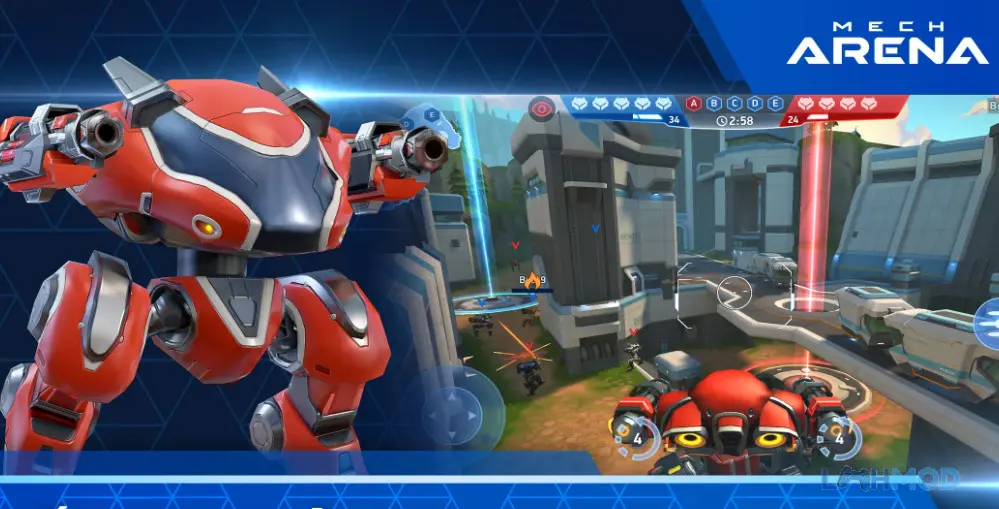 Ảnh 2 của Tải Mech Arena Robot Showdown Mod Apk 2.29.00 (Vô Hạn Tiền) cho Android iOs Robot chiến đấu màu xanh và đỏ giao tranh trên một cây cầu bị phá hủy