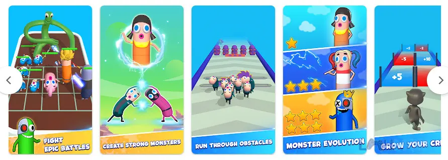 Ảnh 3 của Tải Merge Master Monster Run 3D Mod Apk 1.0.5 (Không QC) cho Android iOs Giao diện hợp nhất quái vật trong Merge Master Monster 3D, hiển thị các sinh vật đa dạng