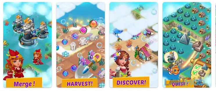Ảnh 1 của Tải Merge Mermaids Mod Apk 3.20.0 (Free Shopping) cho Android iOs Màn hình giao diện game Merge Mermaids với các nàng tiên cá và vật phẩm đang chờ hợp nhất