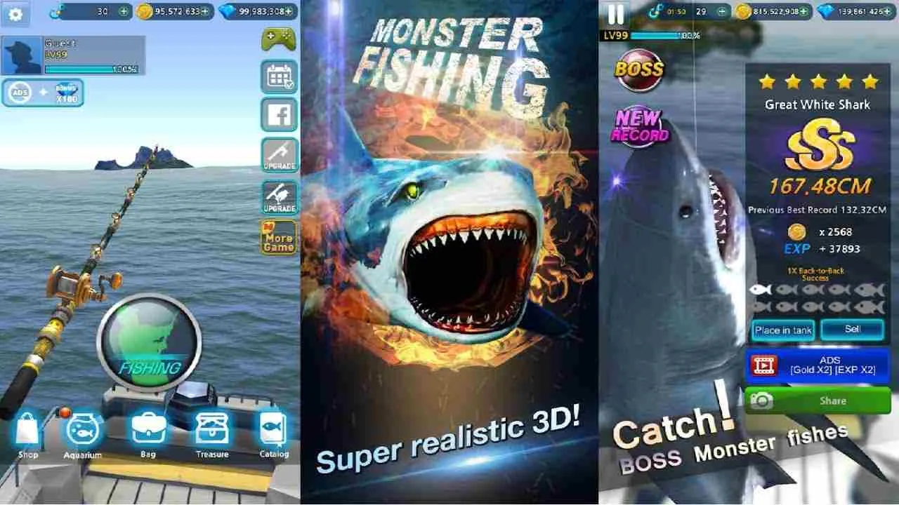 Ảnh 1 của Tải game Monster Fishing 2022 Mod APK 0.3.5 (Vô Hạn Tiền) Giao diện chính của Monster Fishing 2022 Mod hiển thị biển xanh