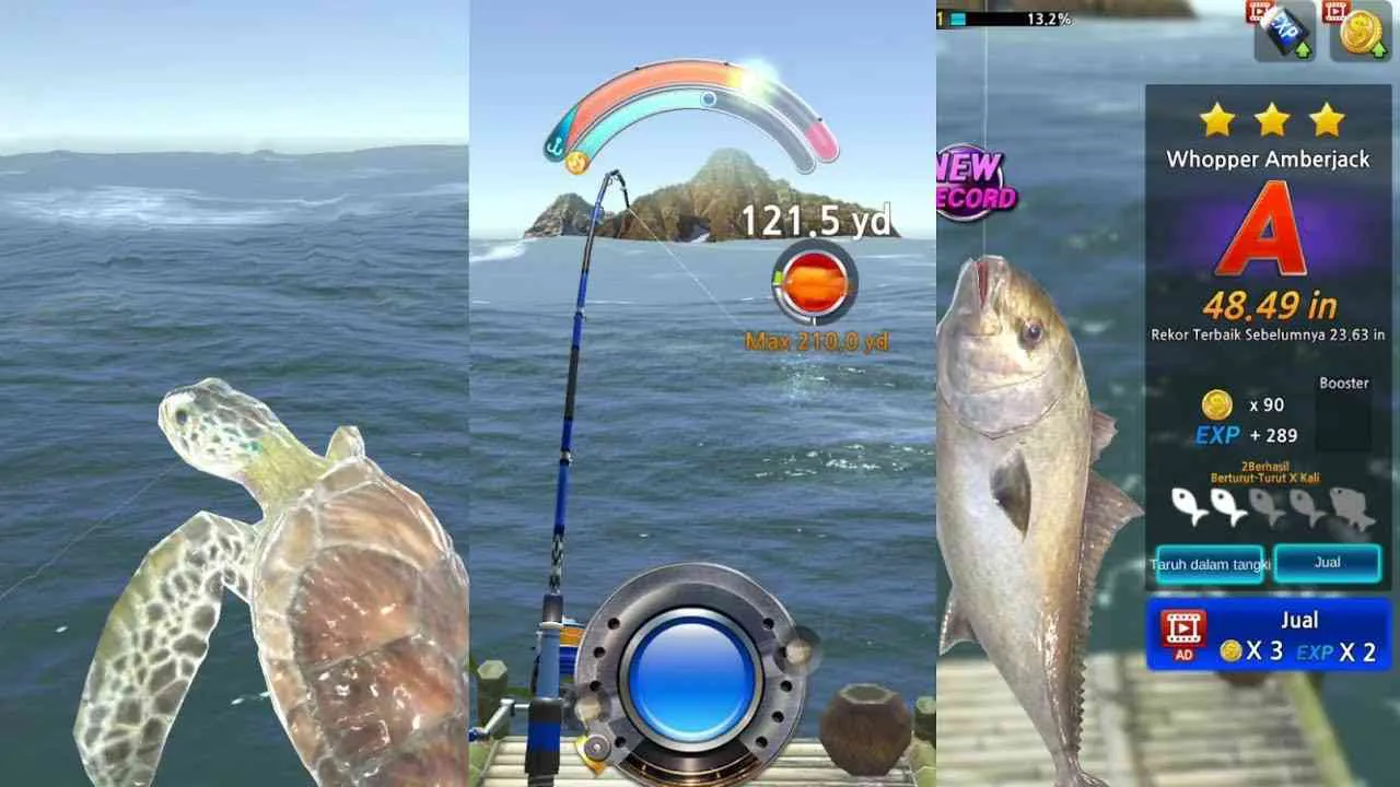 Ảnh 2 của Tải game Monster Fishing 2022 Mod APK 0.3.5 (Vô Hạn Tiền) Cần thủ đang kéo cá lớn trong Monster Fishing 2022 Mod