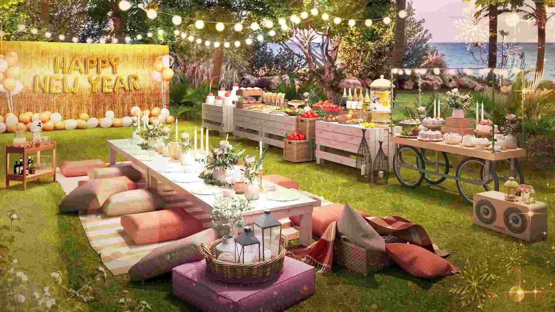 Ảnh 2 của My Home Design Garden Life Mod APK 1.1.1 Miễn phí iTem+999999 Người chơi đang đặt các vật phẩm trang trí như ghế đá và cây cảnh vào khu vườn trong My Home Design Garden Life