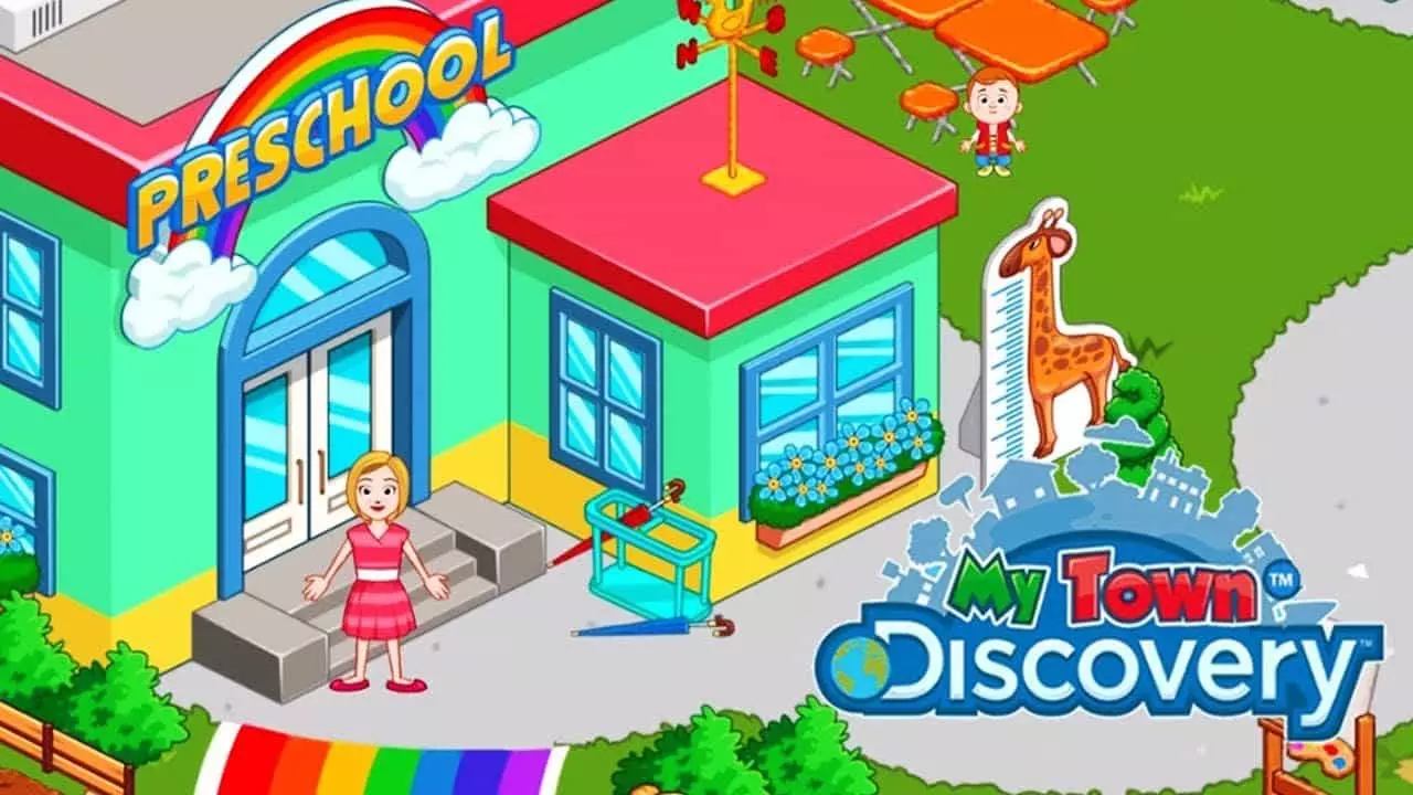 Ảnh 3 của Tải game My Town Discovery Pretend Play Mod APK 1.36.3 (Mở khóa VIP) Alt text mô tả một khu phố nhộn nhịp với nhiều cửa hàng và cư dân đang tương tác