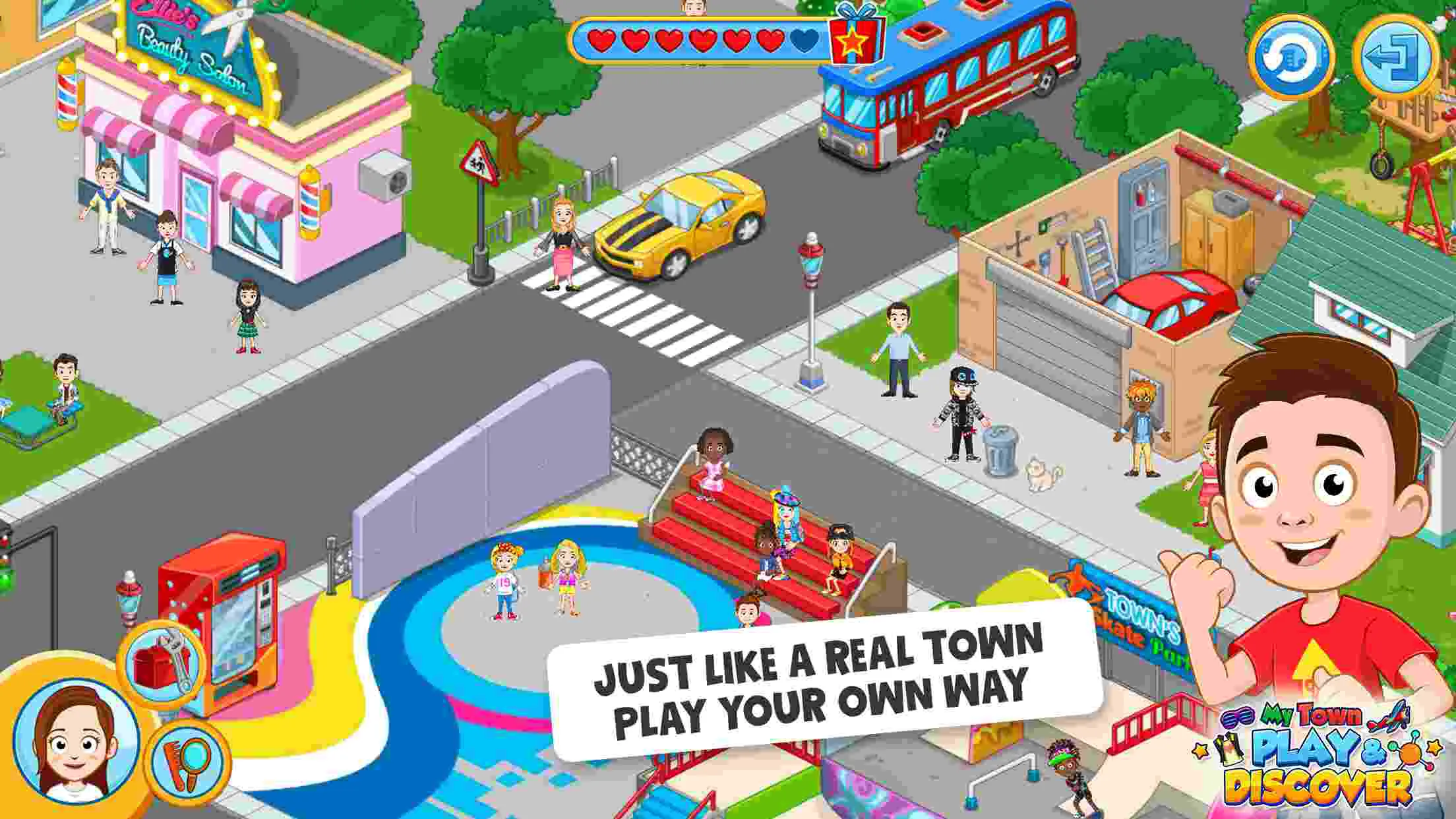 Ảnh 4 của Tải game My Town Discovery Pretend Play Mod APK 1.36.3 (Mở khóa VIP) Alt text mô tả một khu phố đông đúc với nhiều tòa nhà cao tầng và khu vui chơi
