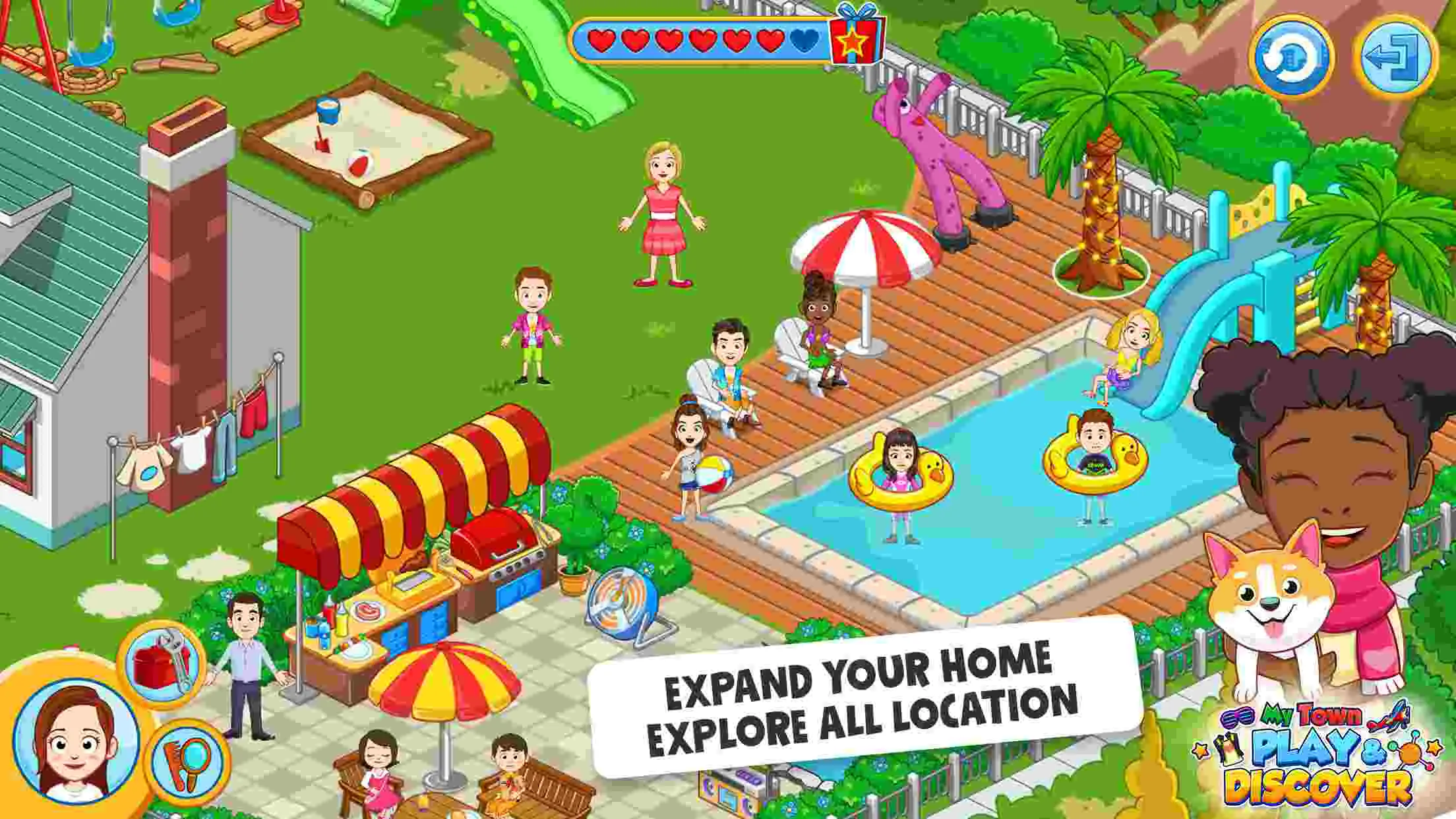 Ảnh 5 của Tải game My Town Discovery Pretend Play Mod APK 1.36.3 (Mở khóa VIP) Alt text mô tả tổng quan thành phố với nhiều khu vực khác nhau và đường phố rộng lớn