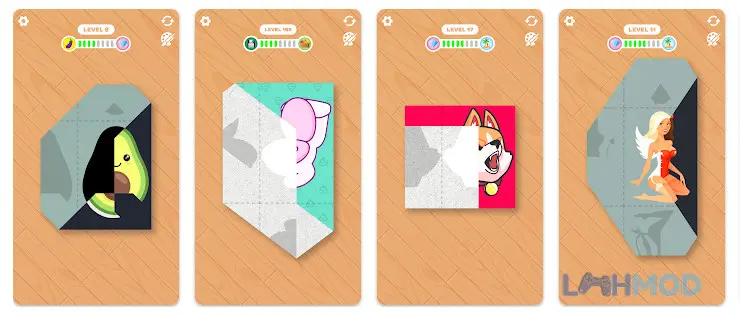 Ảnh 2 của Tải Paper Fold Mod Apk 1.91 (Vô Hạn Tiền) cho Android iOs Giao diện game Paper Fold Mod với nhiều mảnh giấy đang chờ được gấp