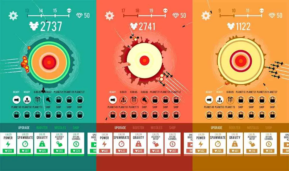 Ảnh 2 của Planet Bomber Mod APK 7.4.1 (Menu, Vô Hạn Tiền) Giao diện nâng cấp trong game Planet Bomber! với các chỉ số Power, Spawn Rate, Gravity