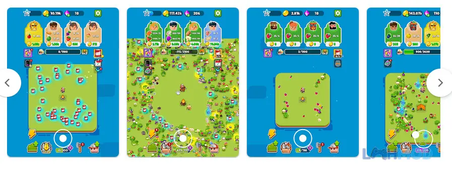 Ảnh 3 của Tải Pocket Land Mod Apk 0.2.0 (Vô hạn tiền) cho Android iOs Alt text mô tả một cuộc chiến đấu giữa người nông dân và quái vật trên đảo