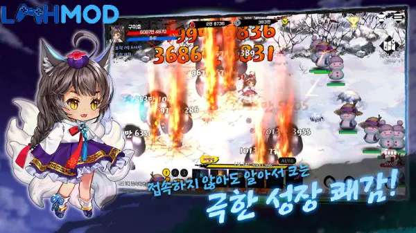 Ảnh 2 của Raising Gumiho: Idle MOD APK 1.42.01 (Chế độ thần) Gumiho đang chiến đấu trong Raising Gumiho: Idle MOD với các chỉ số và hiệu ứng kỹ năng