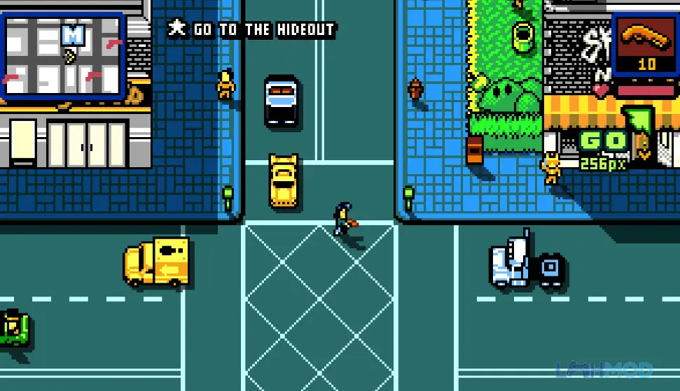 Ảnh 2 của Tải Retro City Rampage DX Mod Apk 1.0.8 (Đã mở khóa) cho Android iOs Một cảnh chơi game Retro City Rampage DX với đồ họa pixel