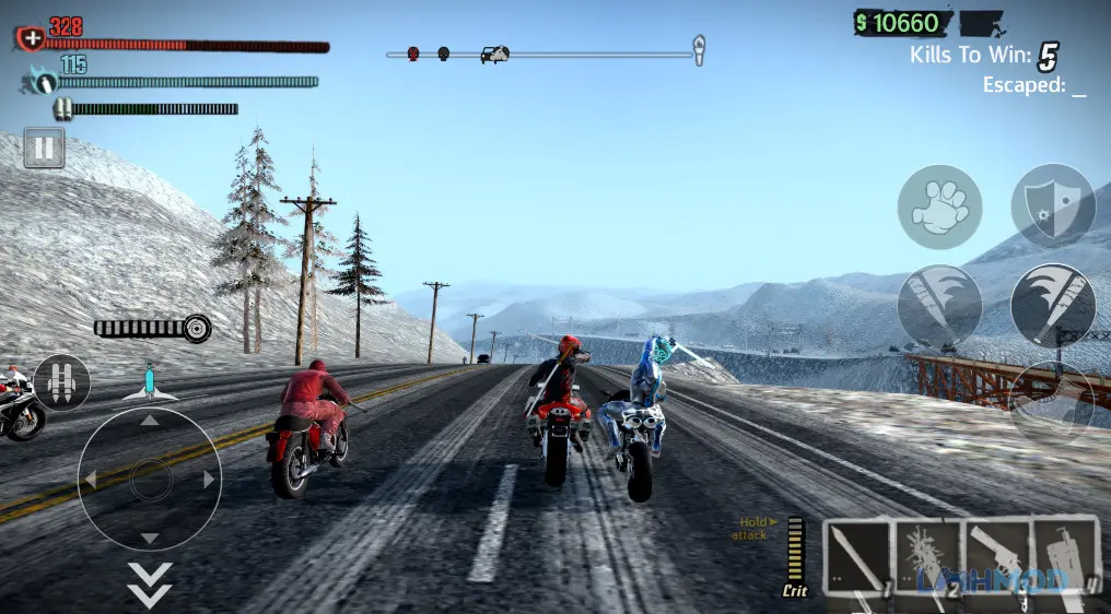 Ảnh 1 của Tải Road Redemption Mobile Mod Apk 9.5 (Mở khóa Premium) cho Android iOs Một tay đua xe máy đang tấn công đối thủ trên đường đua khốc liệt