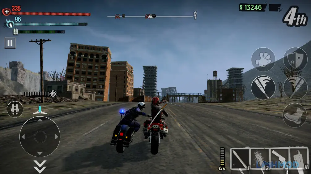 Ảnh 2 của Tải Road Redemption Mobile Mod Apk 9.5 (Mở khóa Premium) cho Android iOs Cảnh quay hành động cận cảnh nhân vật đang chiến đấu trên xe máy