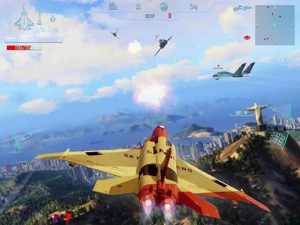 Ảnh 2 của Tải game Sky Gamblers – Infinite Jets Mod APK 1.2.1 (Vô Hạn Tiền) Cảnh một chiếc máy bay phản lực trắng tham gia không chiến trên cảnh quan núi non với nhiều vụ nổ