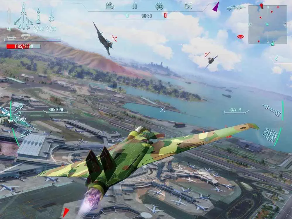 Ảnh 4 của Tải game Sky Gamblers – Infinite Jets Mod APK 1.2.1 (Vô Hạn Tiền) Một chiếc máy bay phản lực màu vàng bay trên Rio de Janeiro trong game di động Sky Gamblers Infinite Jets