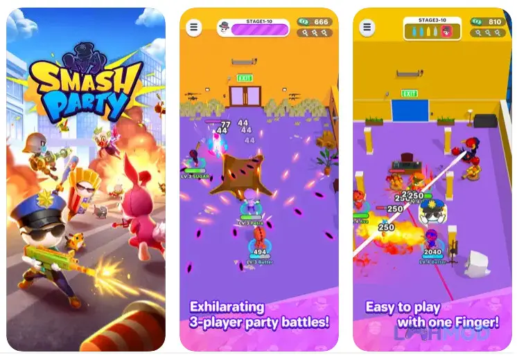 Ảnh 1 của Tải Smash Party-Hero Action Game Apk 1.2.5 cho Android iOs Cảnh giao chiến trong Smash Party-Hero Action Game với nhân vật cầm súng