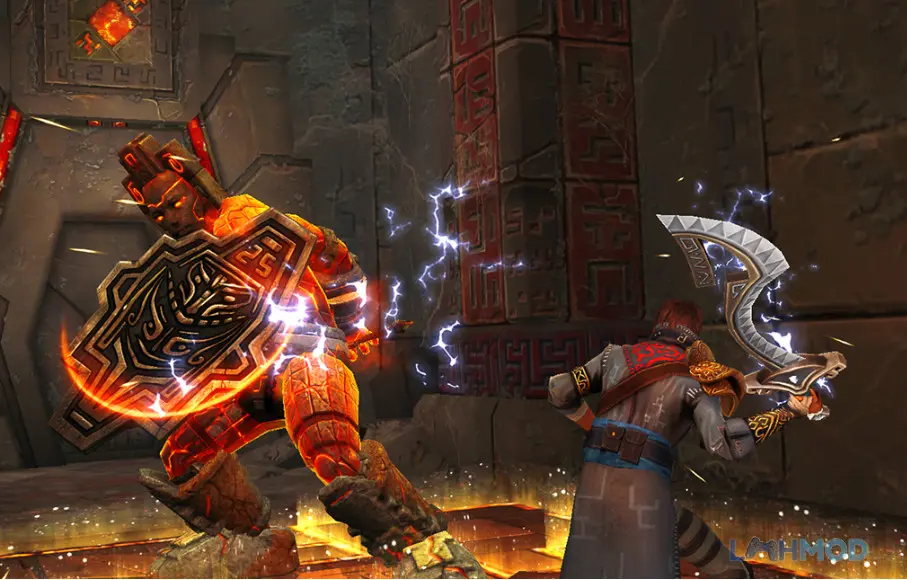 Ảnh 4 của Tải Stormblades Mod Apk 1.5.1 (Vô Hạn Tiền, Mở Khóa) cho Android iOs Chiến binh trong Stormblades đối mặt với một Keeper khổng lồ trong di tích cổ đại
