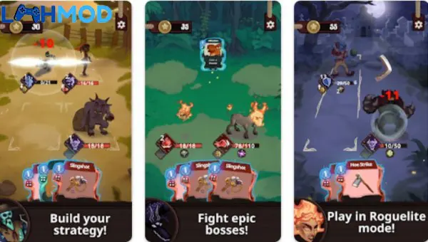 Ảnh 3 của Tải Tacape APK 1.0.7 cho Android iOS Ba ảnh chụp màn hình gameplay của Tacape, hiển thị chiến đấu thẻ bài, boss và chế độ roguelite