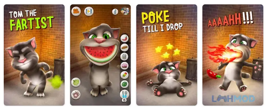 Ảnh 1 của Tải Talking Tom Cat Mod Apk 3.2.2 (Vô Hạn Food) cho Android iOs Mèo Tom đang thể hiện cảm xúc vui vẻ khi tương tác với người chơi