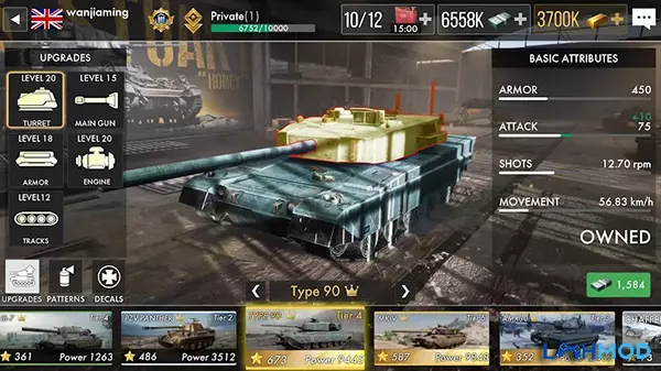 Ảnh 1 của Tải Tank Warfare: PvP Blitz Game MOD APK 1.0.92 (Hiển thị đối thủ trên Radar) cho Android iOS Một chiếc xe tăng hạng nặng đang di chuyển trên chiến trường đổ nát