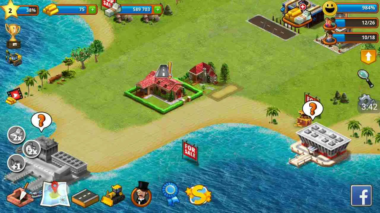 Ảnh 2 của Tropic Paradise Sim Mod APK 1.5.5 (Tiền, Vàng, Mở Khóa) Giao diện game hiển thị các tùy chọn xây dựng, người chơi đang chọn một công trình mới