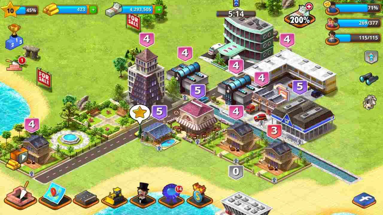 Ảnh 3 của Tropic Paradise Sim Mod APK 1.5.5 (Tiền, Vàng, Mở Khóa) Người chơi đang kéo thả một tòa nhà mới, hiển thị chi phí và các chỉ số ảnh hưởng