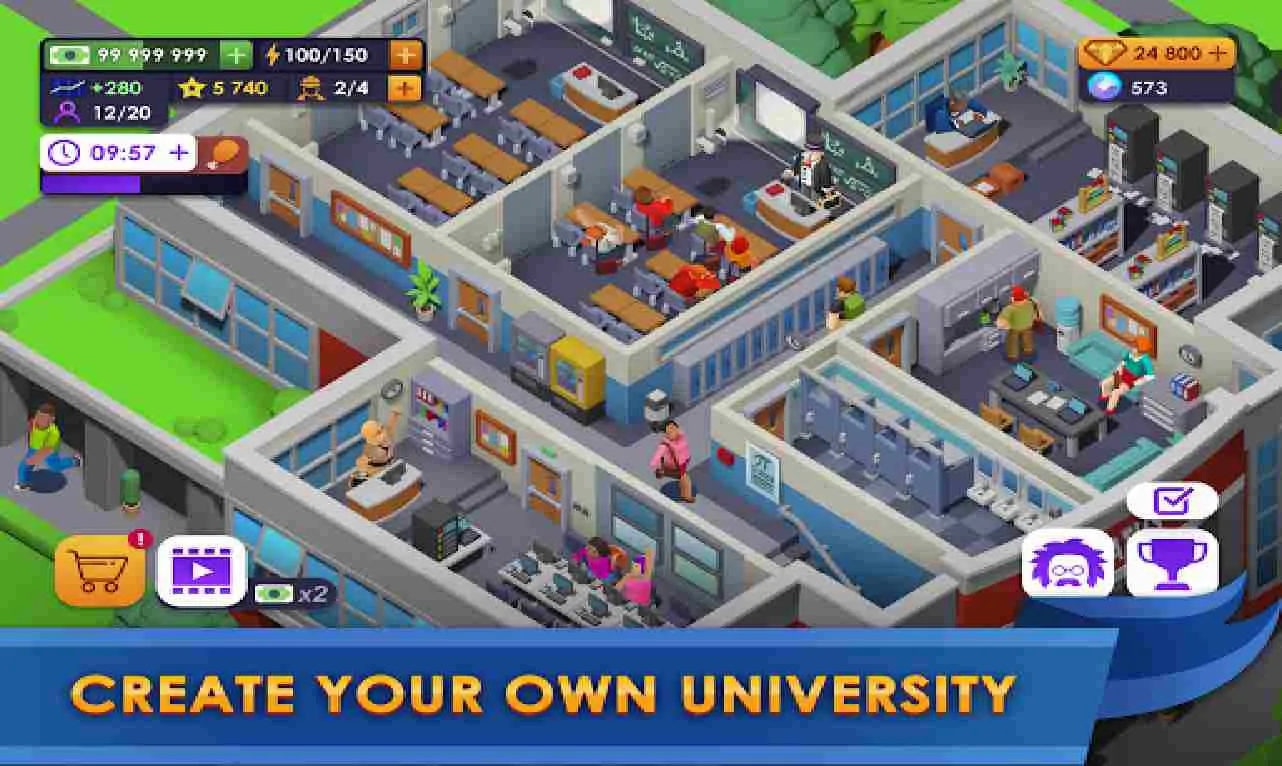 Ảnh 2 của Tải game University Empire Tycoon Mod APK 1.1.8.1 (Menu, Vô Hạn Tiền) Màn hình xây dựng và nâng cấp cơ sở vật chất trong University Empire Tycoon Mod