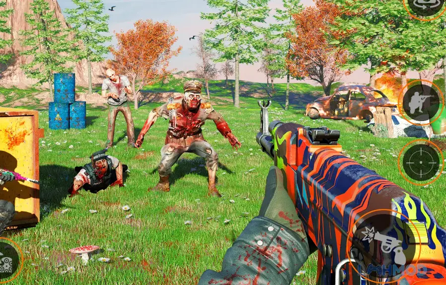 Ảnh 2 của Tải Zombie Games 3D Apk 5.0 cho Android iOs Người chơi đang bắn hạ một nhóm zombie trong môi trường đô thị hoang tàn