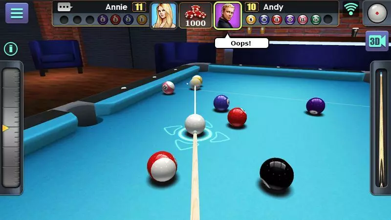 Ảnh 1 của Tải game 3D Pool Ball Mod APK 2.2.3.4 (Menu, Đường Kẻ Dài) Màn hình chơi 3D Pool Ball với bàn bida xanh và các viên bi