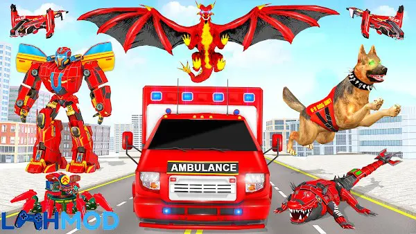 Ảnh 1 của Ambulance Dog Robot Car Game APK 84 cho Android iOS Xe cứu thương và chó robot trong môi trường đô thị