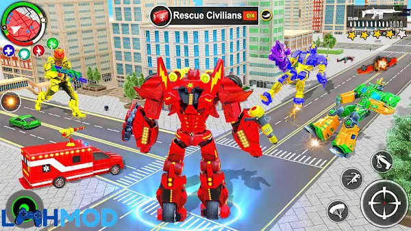 Ảnh 2 của Ambulance Dog Robot Car Game APK 84 cho Android iOS Chó robot đang thực hiện nhiệm vụ giải cứu trong game