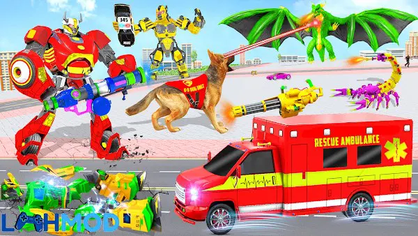 Ảnh 3 của Ambulance Dog Robot Car Game APK 84 cho Android iOS Giao diện điều khiển xe cứu thương trong Ambulance Dog Robot Car Game