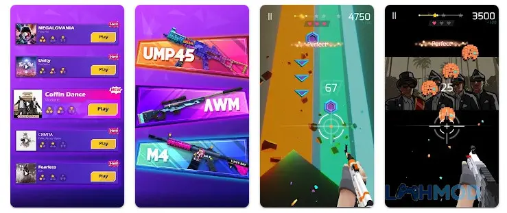 Ảnh 2 của Tải Beat Shooter Mod Apk 2.2.5 (Vô Hạn Tiền) cho Android iOs Alt text mô tả giao diện gameplay của Beat Shooter, với khẩu súng ở dưới màn hình và các khối vuông đang rơi xuống