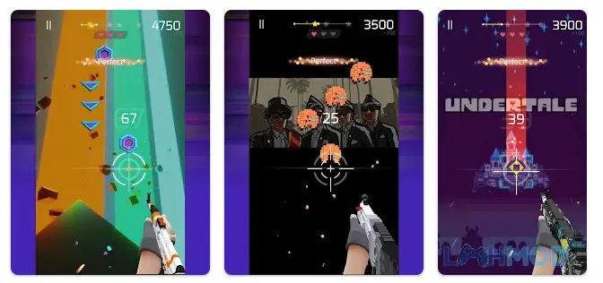 Ảnh 4 của Tải Beat Shooter Mod Apk 2.2.5 (Vô Hạn Tiền) cho Android iOs Alt text mô tả một màn hình chọn súng và tùy chỉnh trong Beat Shooter Mod