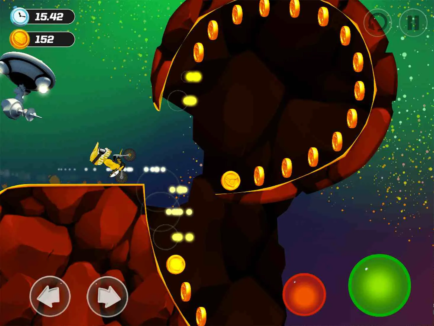 Ảnh 2 của Tải game Bike Up Mod APK 1.0.110 (Menu, Vô Hạn Tiền) Nhân vật game nhảy qua hố sâu trong môi trường không gian xanh của Bike Up Mod