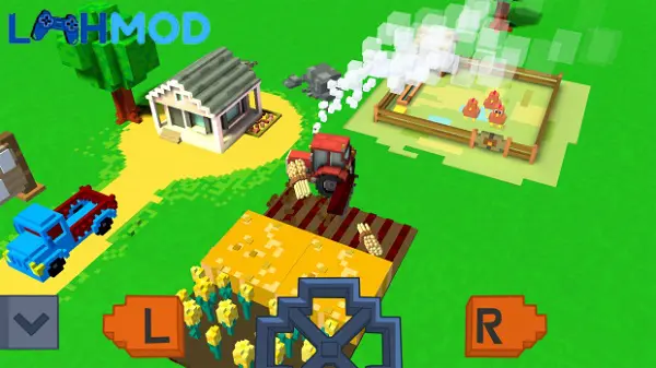 Ảnh 2 của Tải Blocky Farm MOD APK 1.2.88 (Vô hạn đá quý) cho Android iOS Cận cảnh một phần nông trại trong Blocky Farm với nhà kho và cây trồng