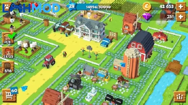 Ảnh 4 của Tải Blocky Farm MOD APK 1.2.88 (Vô hạn đá quý) cho Android iOS Toàn cảnh một nông trại lớn trong Blocky Farm với nhiều công trình và hoạt động